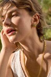 Baby Silver Hoop, Yellow Gold Plating, Natural Green Agate + Earth Gift